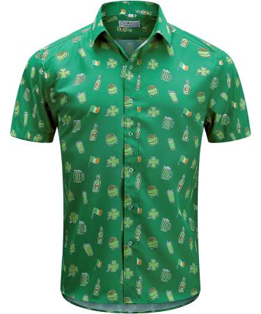 ENVMENST Men's St. Patrick's Day Hawaiian Shirt - Green Clover Print, Casual Short Sleeve Button Up (Large) - Buy Online on GoSupps.com