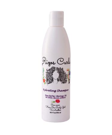 Rizos Curls Hydrating Shampoo. Gently cleanses & hydrates hair without over drying. Made with Natural ingredients Shea Butter & Moringa Oil. Reduces Dry Scalp. For All Hair Types Curls  Coils & Waves.