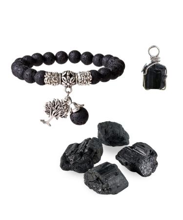 Soulnioi Crystals and Healing Stones Sets for Beginners 1pc Black Tourmaline Necklace 1pc Volcanic Stone Bracelet 4pcs Raw Black Tourmaline for Meditation Style 1