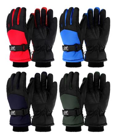 Eurzom 4 Pairs Kids Winter Ski Snow Gloves Warm Gloves Waterproof and Windproof Adjustable Kids Rain Gloves for Kids, 4 Colors 5-8 Years Red, Blue, Black, Navy Blue