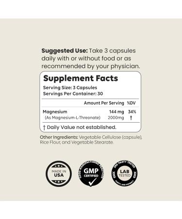 Mag3 Magnesium L Threonate 2000mg Per Serving 30 Servings of Pharmaceutical Grade Non-GMO Soy Free Gluten Free Vegetarian Capsules - Supplement for Brain & Joint 90 Count (Pack of 1) - Buy Online on GoSupps.com