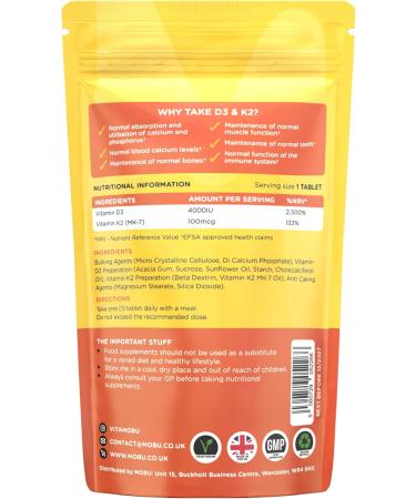 Vitamin D3 4000IU and Vitamin K2 MK-7 100mcg 120 Tablets Immune Support & Bone Health Vegetarian UK Made Vitamin D3 & K2 Supplement GMP Approved MOBU 120 count (Pack of 1) - Buy Online on GoSupps.com