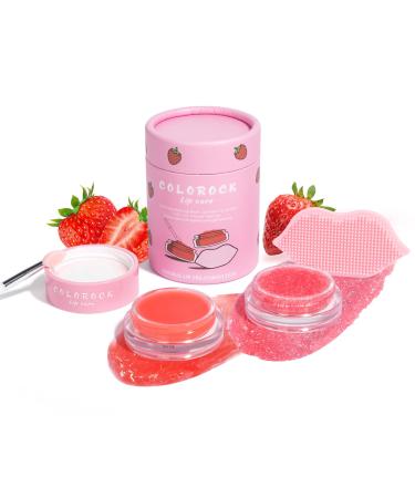 COLOROCK Lip Mask &Sugar Lip Scrub Set Natural Lip Treatment Duo - 4 IN 1 Lip Sleep Mask Gift Set for Exfoliate Nourish Soothe & Hydrate Dry and Flaky Lips-Lip Mask Overnight for Lip Care-Strawberry