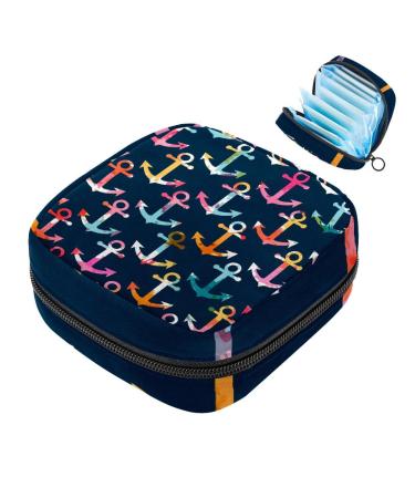 Menstruation pad bag with zipper women's napkin bag tampons collecting bags for women and girls (watercolor paints colorful anchor pattern)