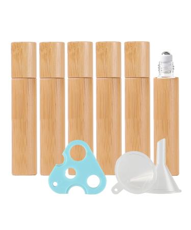 Zeoabsy 6 pieces empty 10 ml clear glass bottles with bamboo bowl nature bamboo roll-on glass bottles with stainless steel scooters 1 x funnel 1 x opener for essential essential oil aromatherapy 10ml