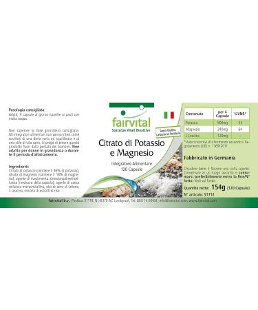 Fairvital | Citrate Potassium Magnesium - Highly dosed - with 900mg of Potassium and 240mg of Magnesium per daily dose - VEGAN - 120 capsules - Buy Online on GoSupps.com