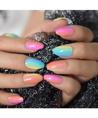 Buy Shiny Colorful Press On Nails | Ombr Rainbow Fake Nails Set - 24pcs Medium Size - Buy Online on GoSupps.com