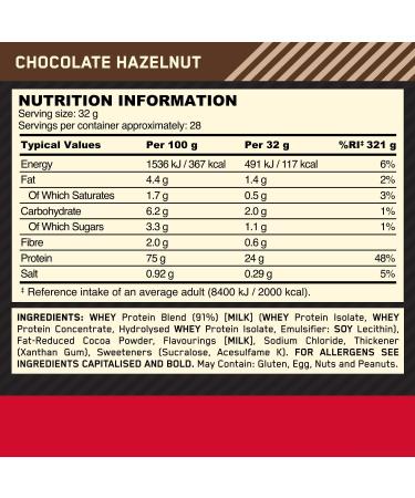 Optimum Nutrition Gold Standard 100% Whey Protein Powder - Chocolate Hazelnut, 896g (28 Servings) - Muscle Building and Recovery Formula with Glutamine and BCAA Amino Acids - Buy Online on GoSupps.com