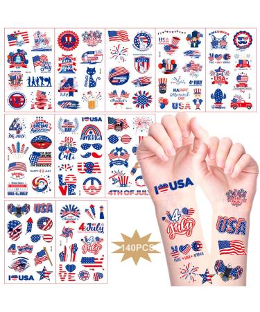 4th of July Tattoos Decorations 140Pcs USA Patriotic Temporary Tattoos for Kids Women American Flag Eagle Firework Shape Waterproof Face Body Fake Tattoos Sticker for Independence Day Party Supplies Style 2