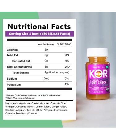 Kor Shots Gut Check Organic Cold Pressed Cleansing Probiotic Apple Cider Vinegar Energy Juice Shot 24 Pack - Buy Online on GoSupps.com