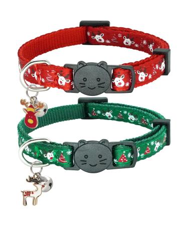 Giecooh Halloween Cat Collar, 2 Pack Breakaway Cat Collar with Bells, Adjustable Kitten Safety Collars for Boys & Girls 7-11'' Red+Green