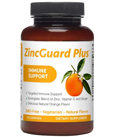 ZincGuard Plus Lozenges with Vitamin C & Ginger, 60 Naturally Orange Flavored Lozenges, GMO-Free, Vegan, Immune Support