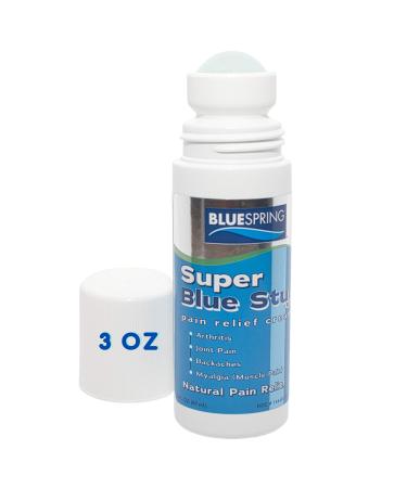 Super Blue Stuff Natural Pain Relief roll on with Emu Oil by BlueSpring- Pain relief rub Anti Inflammatory Analgesic Cream for Back Knee Joint Muscle Arthritis and neck Pain Relief- 3 Oz roll-on.