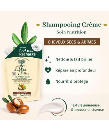LE PETIT OLIVIER - Eco-Refill Shampoo Cream Nutrition Care - Olive Shea & Argan Oils - Nourishes & Repairs - Dry & Damaged Hair - Silicone-Free Sulfate-Free - Made in France - 500ml - Buy Online on GoSupps.com