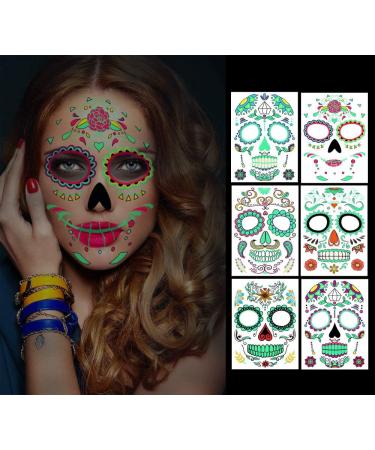 Temporary Face Tattoos  6 sheets Day of the Dead Decorations Glow in The Dark Sugar Skull Stickers Halloween Makeup for Men and Women (Face Tattoos) Face stickers