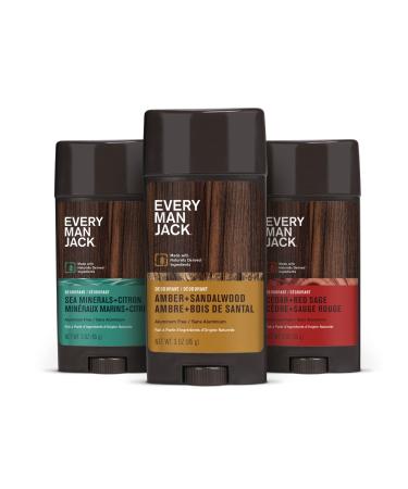 Every Man Jack Men's Deodorant Variety Set - Includes 3 Full-Sized Deodorant Sticks with Clean Ingredients & Incredible Scents - Cedar + Red Sage Amber + Sandalwood Sea Mineral + Citron Fragrances (3 Pack)
