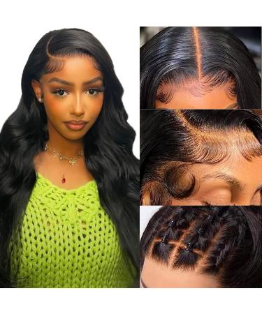 Upgraded Glueless Wigs Bleached knots Body Wave Human Hair 13x4 Pre Cut Lace Front Wigs Pre Plucked with Baby Hair 200% Density Brazilian Virgin Hair for Black Women Natural Color 32 Inch 13x4 Lace Body Wave Wig