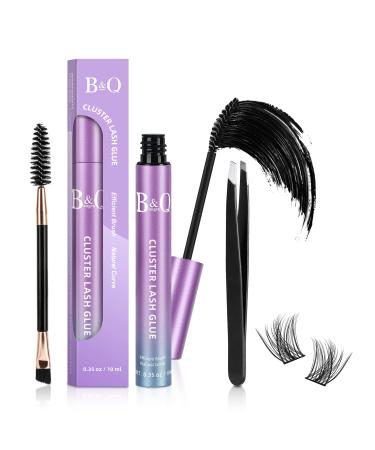 Lash Cluster Glue 10 ML Cluster Lash Glue B&Qaugen Glue for Cluster Eyelash Extensions Waterproof Lasting 48-72 Hours Black Lash Bond with Brushes and Tweezer Set (Black Bond 10ml New)
