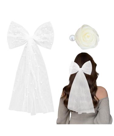 1 Piece of Bow Headpiece and 1 Piece of Rose Hairpin Lace Bow Veil Pearl Hairpin Wedding Bow Headpiece Elegant Retro Headpiece White Headpiece for Women Clothing Accessories