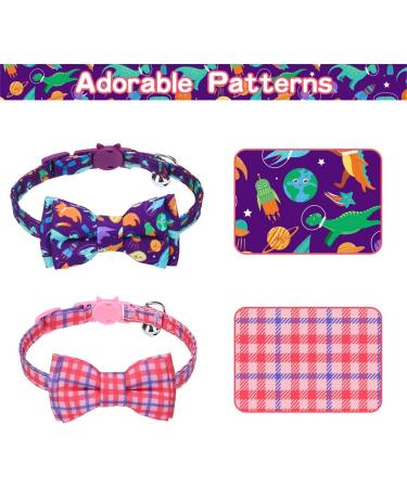 EXPAWLORER Breakaway Cat Collar 2 Pack with Bow tie and Bell - Cute Kitten Safety Collars - Plaid Dinosaur Universe Pattern Purple - Buy Online on GoSupps.com