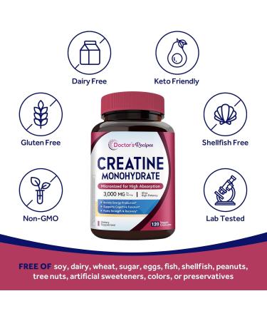 Doctor's Recipes Creatine Monohydrate 3000 mg Per Serving Micronized Creatine Capsules for Women & Men for Strength Energy Recovery High Absorption Vegan 120 Capsules - Buy Online on GoSupps.com