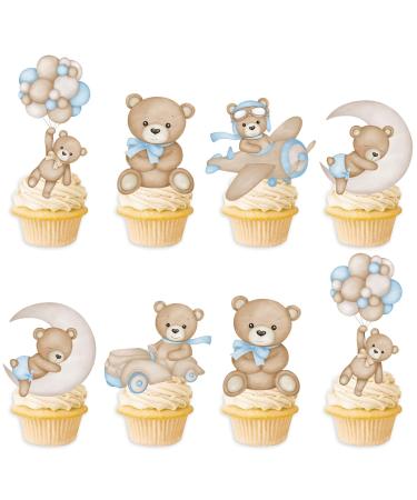 48Pcs Blue Bearly Cupcake Toppers for Baby Shower Decorations