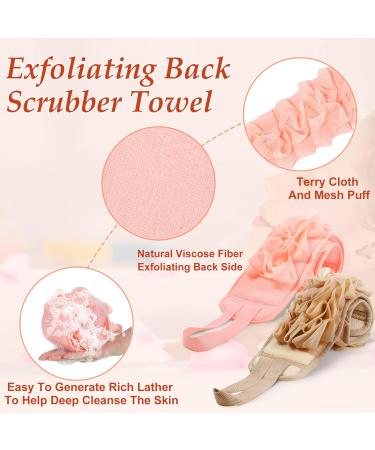 2 Pack Exfoliating Back Scrubber | Double Sided Cloth with Strap | Long Body Scrub Sponge for Deep Clean | Shower Loofah with Handle | Women Men | Pink Khaki Soft Cloth - Buy Online on GoSupps.com