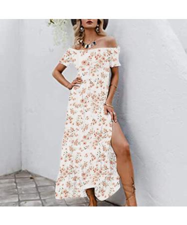 Women's Off Shoulder Chiffon Maxi Dress - Sexy Beach Fashion Print Split Dress - Short Sleeve Slash-Neck - XX-Large White - Buy Online on GoSupps.com