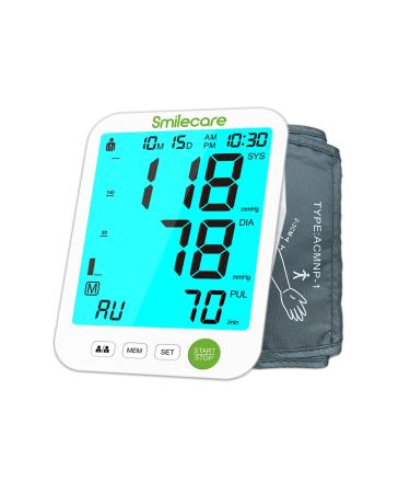 Blood Pressure Monitor Upper Arm for Home Use, Smilecare Accurate BP & Pulse Rate Monitoring Meter with Adjustable Wide Cuff 22-42cm, Extra Large LCD Display