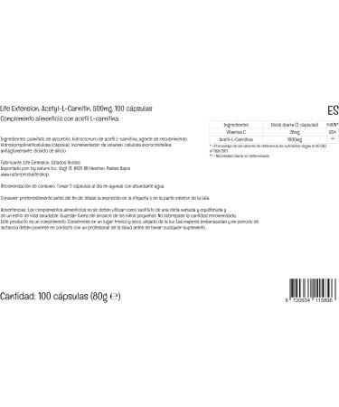 Life Extension Acetyl-L-Carnitine 500mg with High Dose Vitamin C - 100 Vegan Capsules | Laboratory Tested, Gluten-Free, Vegetarian, Non-GMO - Buy Online on GoSupps.com