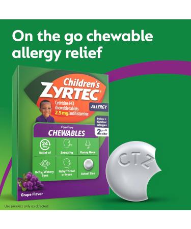 Children's Zyrtec Dye-Free Chewables for 24 Hour Allergy Relief 2.5 mg Cetirizine Hydrochloride Antihistamine Tablets Kids Allergy Medicine Relieves Sneezing & Itchy Throat Grape 24 + 12 ct - Buy Online on GoSupps.com