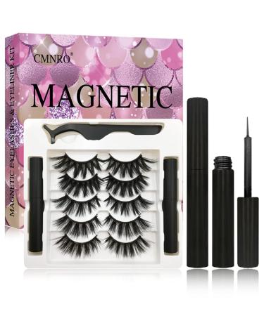 Magnetic Eyelashes with Eyeliner Set, Magnetic Eyeliner, Soft Magnetic Eyelashes 5 Pairs with Tweezers Applicator, Easy to Apply and No Glue Needed (5 Pairs, Black1) 5 Pairs Black1