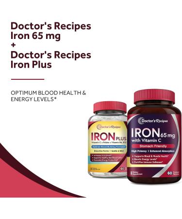 Doctor's Recipes Iron 65 mg & Iron Plus Bundle Healthy Iron Levels & Blood Support Iron Tablets 60 ct & Iron Capsules 60 ct - Buy Online on GoSupps.com