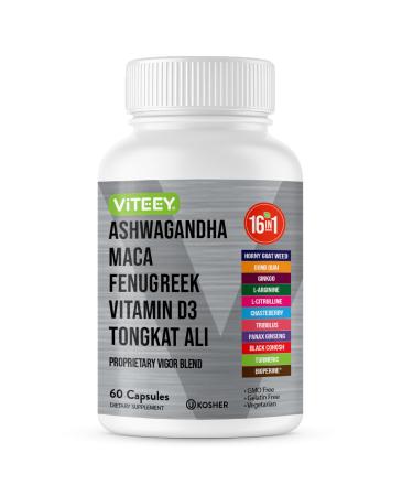 Viteey Ashwagandha Maca Fenugreek Supplement with Tongkat Ali Drive Passion & Energy Support for Men & Women Mood Calm & Stress Support - 60 Capsules