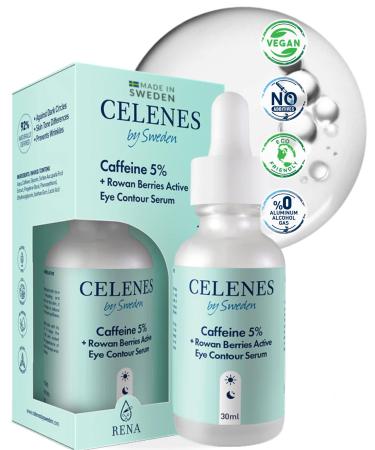 Celenes by Sweden Eye Contour Serum Antioxidant+Caffeine+Rowanberry - Caffeine Eye Serum for Dark Circles & Under Eye Brightener - Alcohol/Parfum/Paraben Free Eye Bags Remover Men and Women 30ml 5% Caffeine