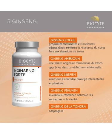 BIOCYTE 5 Ginseng Forte - Energy and Vitality Food Supplement - Based on American Ginseng Siberian Korean Maca Rhodiola - 40 Capsules - 20 Days - Buy Online on GoSupps.com