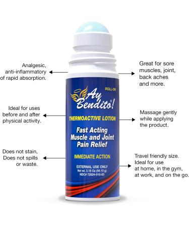 Ay Bendito! Roll-on Cooling Pain Reliever Gel for Muscle Joint and Back Pain. Fast Acting and Long Lasting - 3 Pack - Buy Online on GoSupps.com