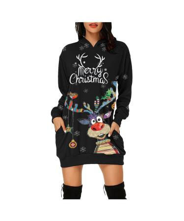 Hanxiulin Women Christmas Rock Langarm Sweatshirts Dress Hoodie Mini Pullover Hooded Pullover Hoodover Dress Christmas Dress Oversics Long -arm hooded sweater sweatshirts Dress Schmal Rock Black XL