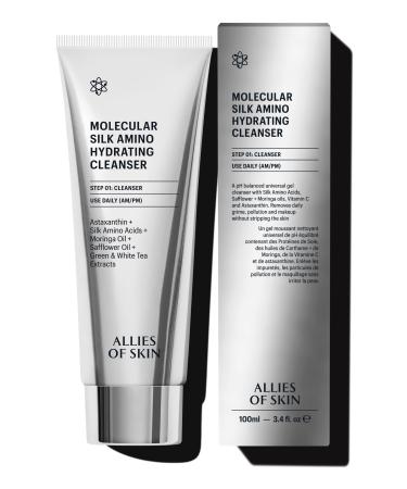 Allies of Skin Molecular Silk Amino Hydrating Cleanser: Hyaluronic Acid Ceramides Safflower & Moringa Oils. Nourishes Conditions & Repairs 100 ml/2.4 oz Full Size