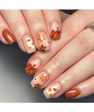 Halloween Press on Nails Short Square Fake Nails Cute Ghost Flower Pumpkin Designs Glitter Fall Glue on Nails Press ons Glossy False Nails Acrylic Stick on Nails for Women Girls 24 Pcs Designs-26