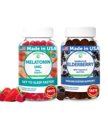 Lunakai USA Made Low Dose Melatonin & Sambucus Elderberry Gummies Bundle Sleep Support & Immune System Boost 60 Non-GMO Gummies Each