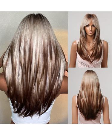 Allbell Long Straight Wigs for White Women Brown Highlight Mixed Grey Hair with Bangs ombre brown blonde 2068-9 - Buy Online on GoSupps.com