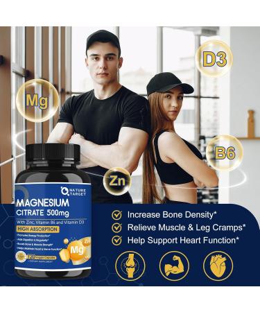 NATURE TARGET Magnesium Citrate 500mg with Zinc & Vitamin D for Muscle, Nerve, Bone & Heart Health, High Absorption Magnesium Supplement, Easy to Swallow Magnesium Capsule for Women & Men, 120 VegCaps 120 Count (Pack of 1) - Buy Online on GoSupps.com