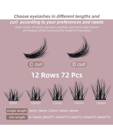 72 Pcs Wide Stem C/D Curl Cluster Lashes | 8-16mm Length | DIY Eyelash Extensions for Personal Makeup (Fluffy02-C-MIX8-16) - Buy Online on GoSupps.com