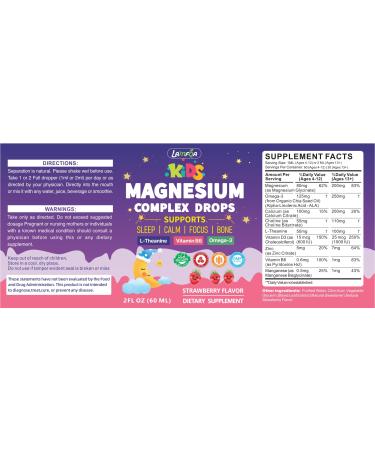 Magnesium Glycinate Liquid for Kids with L-Theanine Omega-3 Vitamin B6 D3 Zinc - Kids Magnesium Drops for Sleep Relaxation Calm & Focus - 2 Fl Oz Strawberry Flavor