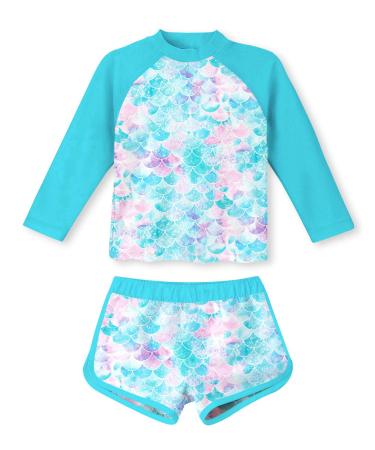 TUONROAD Girls Swimming Costume Toddler Baby Kids Two Piece Long Sleeve Swimsuit UPF 50+ Protection Bathing Suit Swim Set for 4-10 Years 5-6 Years Blue Mermaid