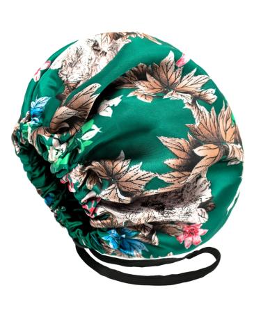 Awegeo Extra Large Reversible Adjustable Satin Bonnet Silk Bonnet Sleep Cap for Women - Double Layer Satin Lined Bonnet for Sleeping Green Flower
