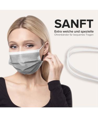 50pc Disposable Face Masks Made in Germany | CE Certified, Triple Layer Filtration | Elastic Earloops, Breathable | Grey Adults Size 17.5cm x 9.5cm - Buy Online on GoSupps.com