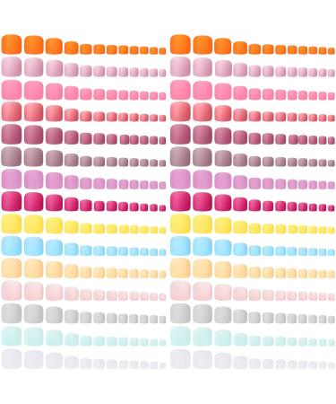 420 Pieces Press on Toe Nail Matte Toenail Solid Color False Toe Nail Tips Artificial Toenail Square Short Toe Nails Full Cover Fake Nails 15 Sets (Fresh Color)