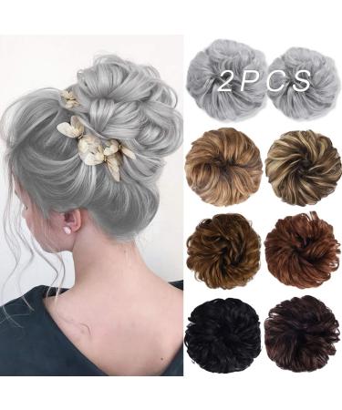 HOOJIH Messy Bun Hair Piece, 2PCS Tousled Updo Hair Extensions Hair Bun Curly Wavy Ponytail Hairpieces Hair Scrunchies with Elastic Rubber Band for Women Girls Color Silver Gray 171TSG Large and Medium Silver Gray
